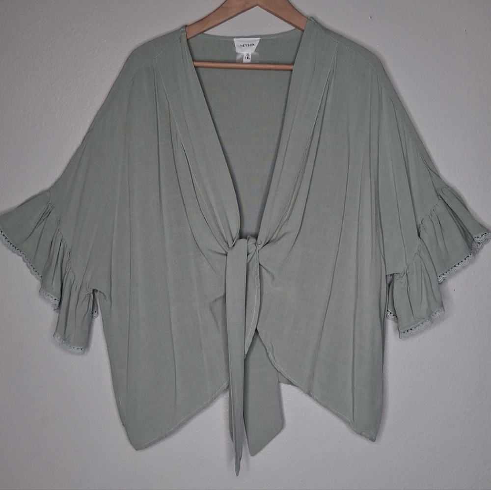 Heyson Women's Kimono Blouse Cover Up Top Boho Boxy Lagenlook Sage Green 1XL